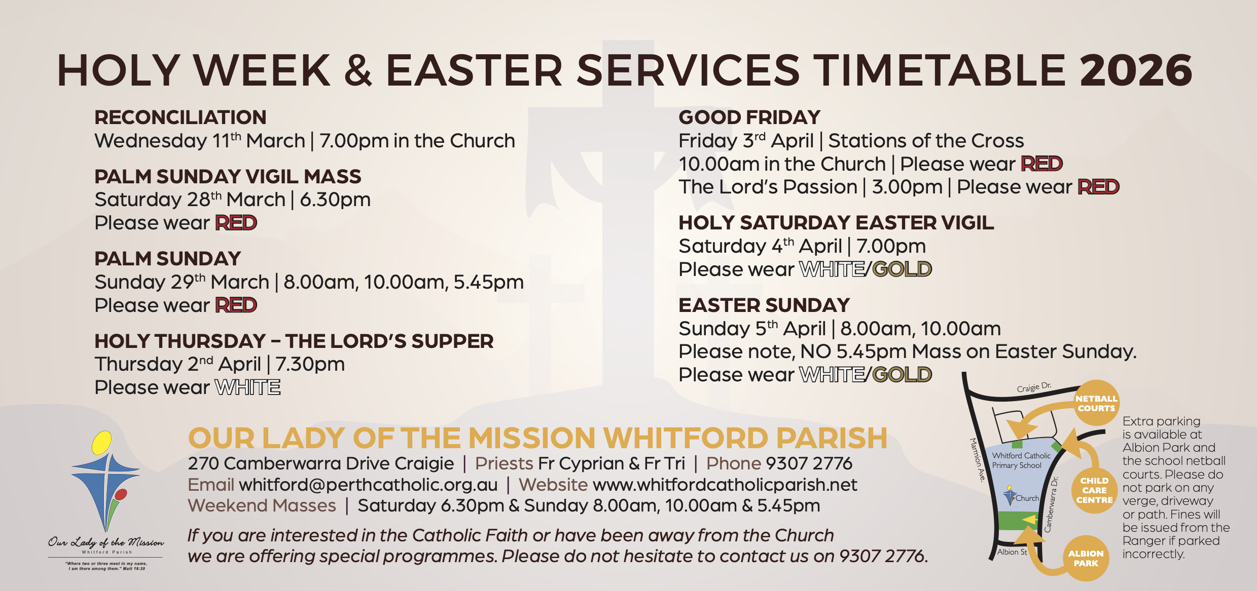 OLM 2026 Easter Timetable Flyer PDF